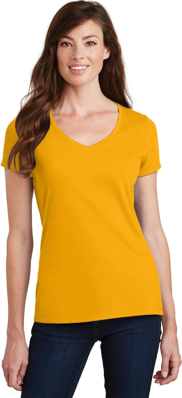 Front View of Bright Gold Port & Co Women's Fan Favorite V-Neck Tee. LPC450V
