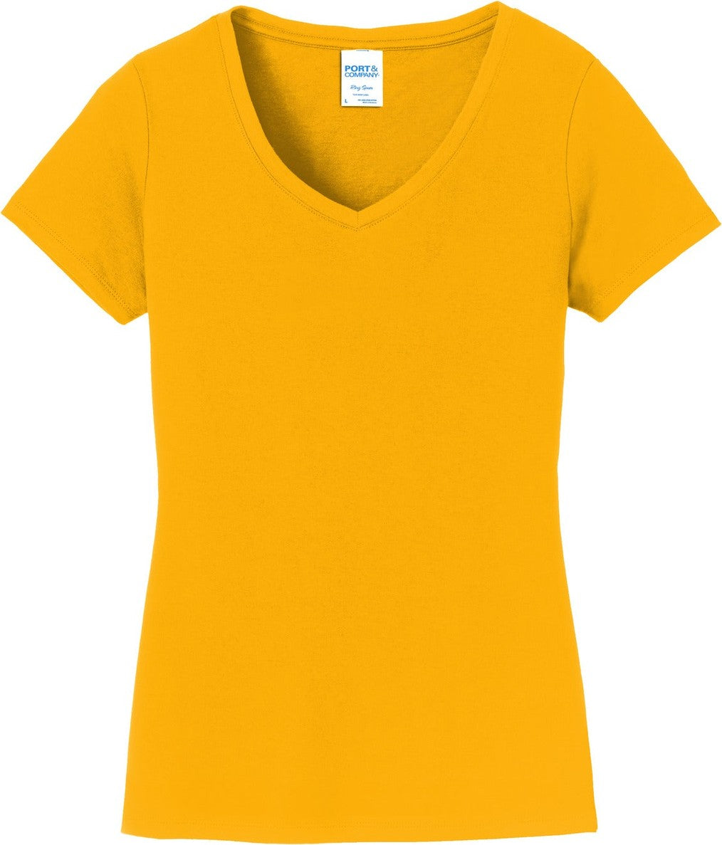 Front View of Bright Gold Port & Co Women's Fan Favorite V-Neck Tee. LPC450V