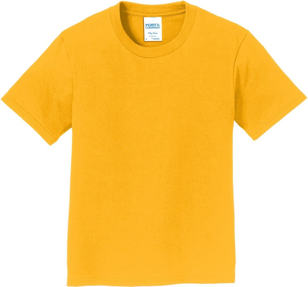 Front View of Bright Gold Port & Co Youth Fan Favorite Tee. PC450Y