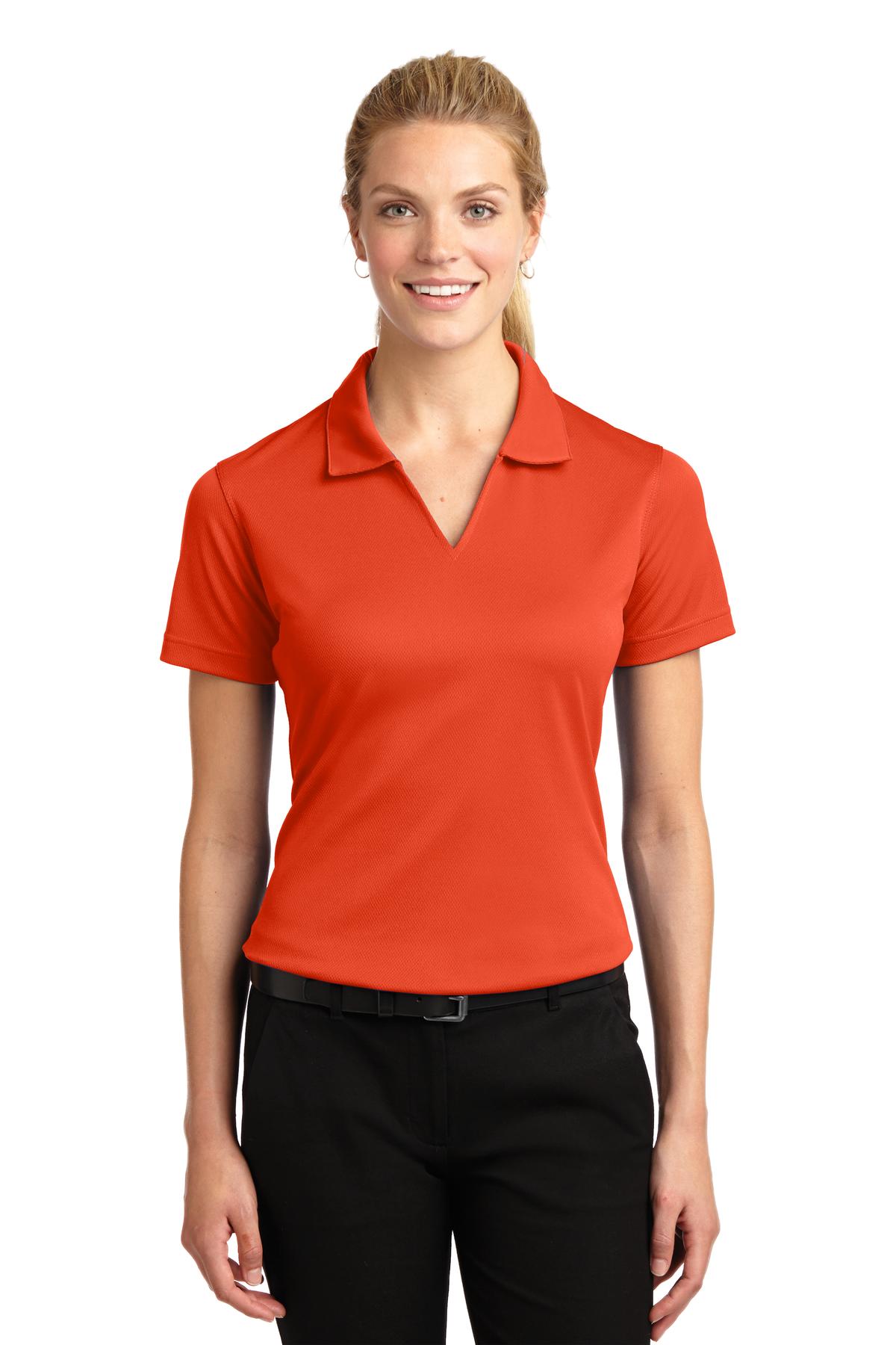 Front View of Bright Orange Sport-Tek Women's Dri-Mesh V-Neck Polo. L469