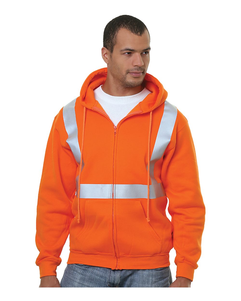 Front View of Bright Orange USA-Made Hi-Visibility Full-Zip Hooded Sweatshirt - 3790