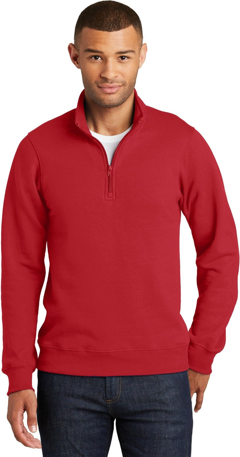 Front View of Bright Red Port & Co Fan Favorite Fleece 1/4-Zip Pullover Sweatshirt. PC850Q