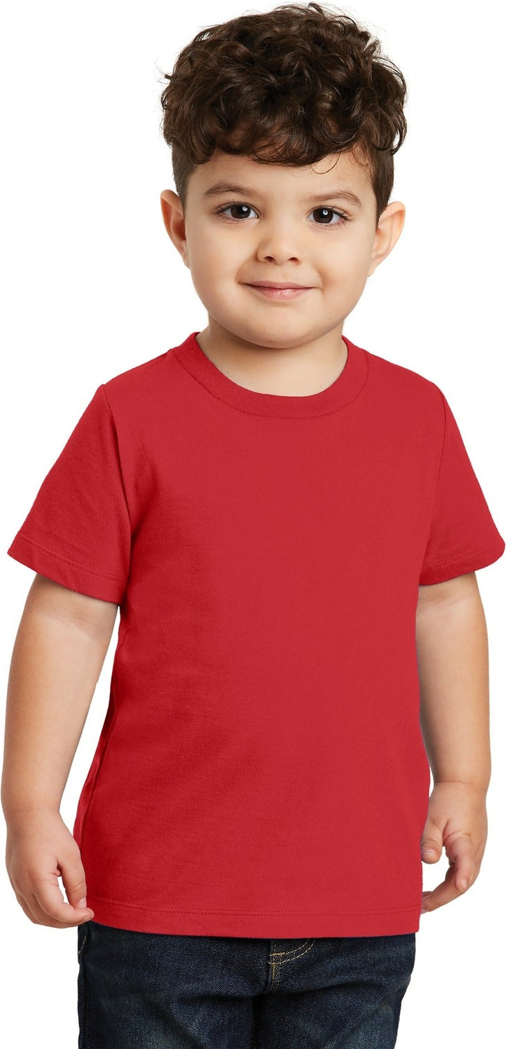 Front View of Bright Red Port & Co Toddler Fan Favorite Tee. PC450TD