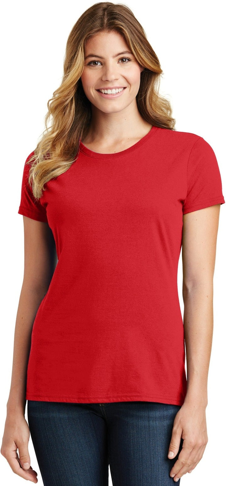 Front View of Bright Red Port & Co Women's Fan Favorite Tee. LPC450