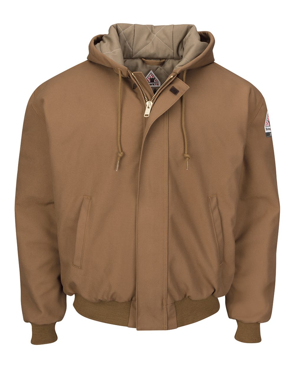 Front View of Brown Duck Insulated Brown Duck Hooded Jacket with Knit Trim - JLH6