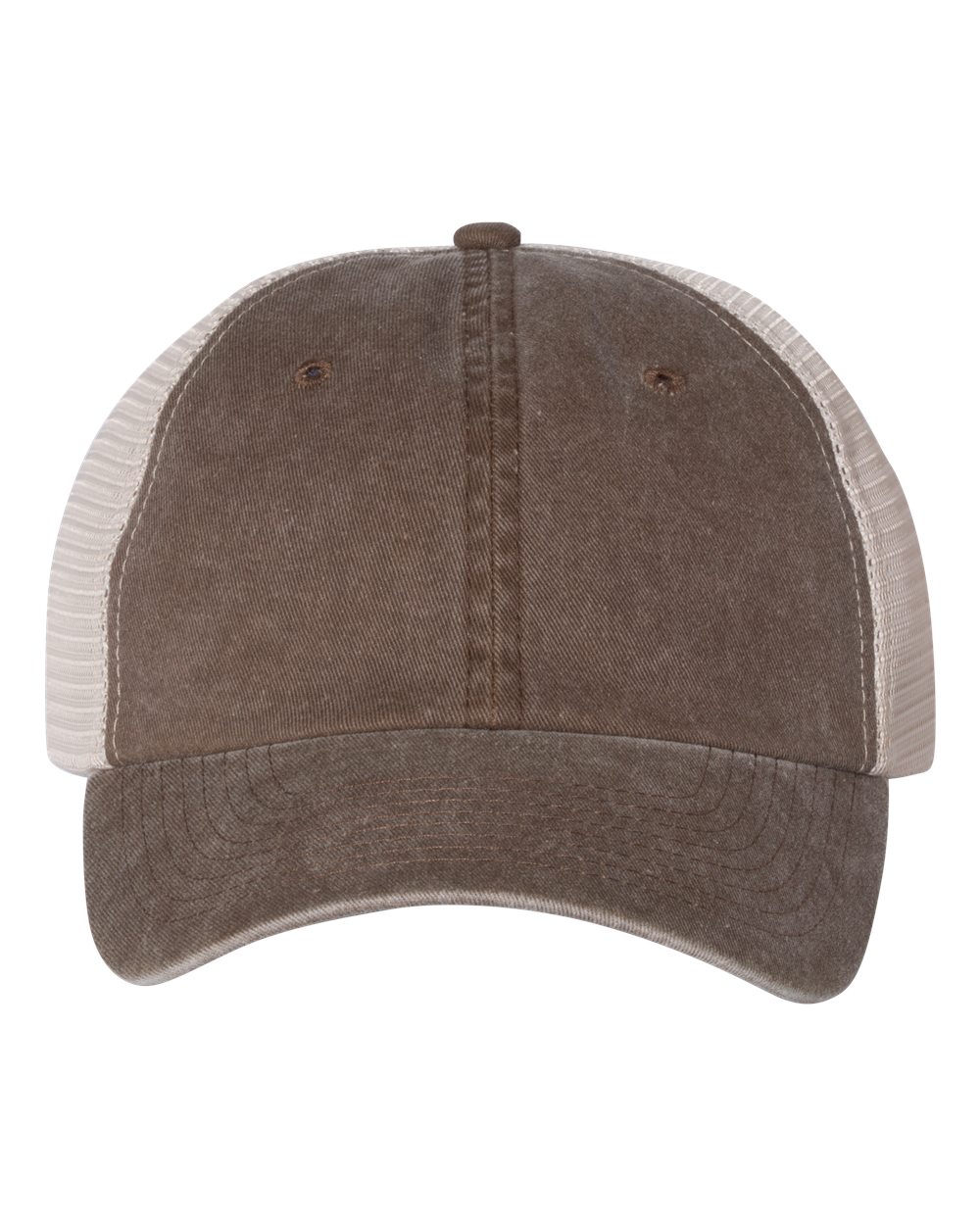 Front View of Brown/ Stone Pigment-Dyed Trucker Cap - SP510