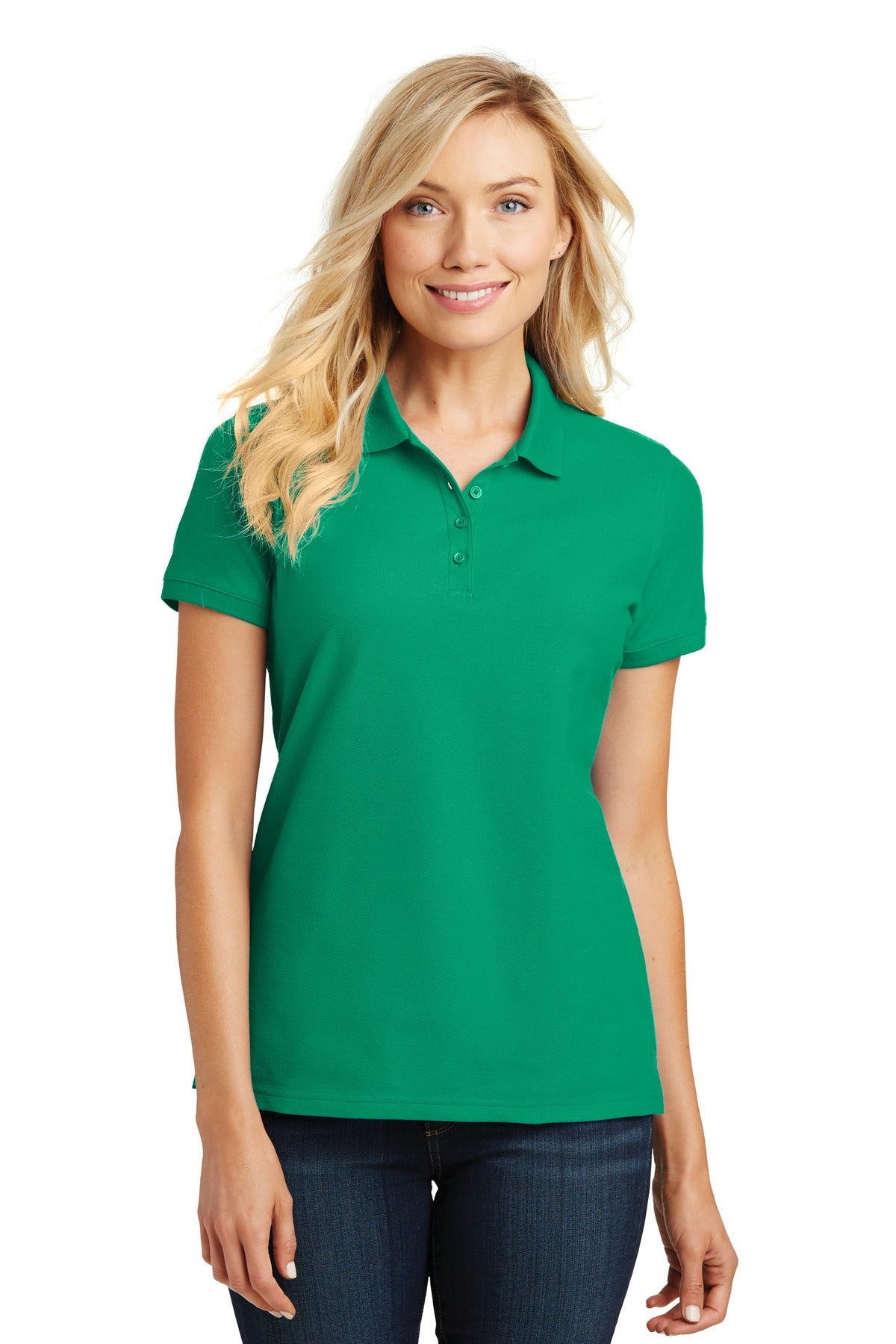 Front View of Brt Kelly Grn Port Authority Women's Core Classic Pique Polo. L100