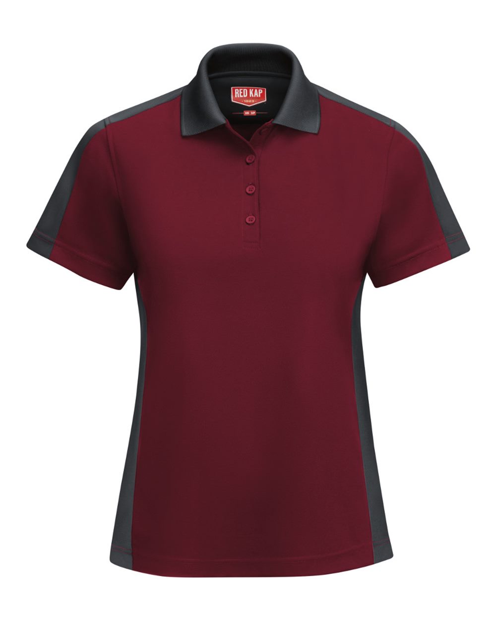 Front View of Burgundy/ Charcoal Women's Short Sleeve Performance Knit Two-Tone Polo - SK53