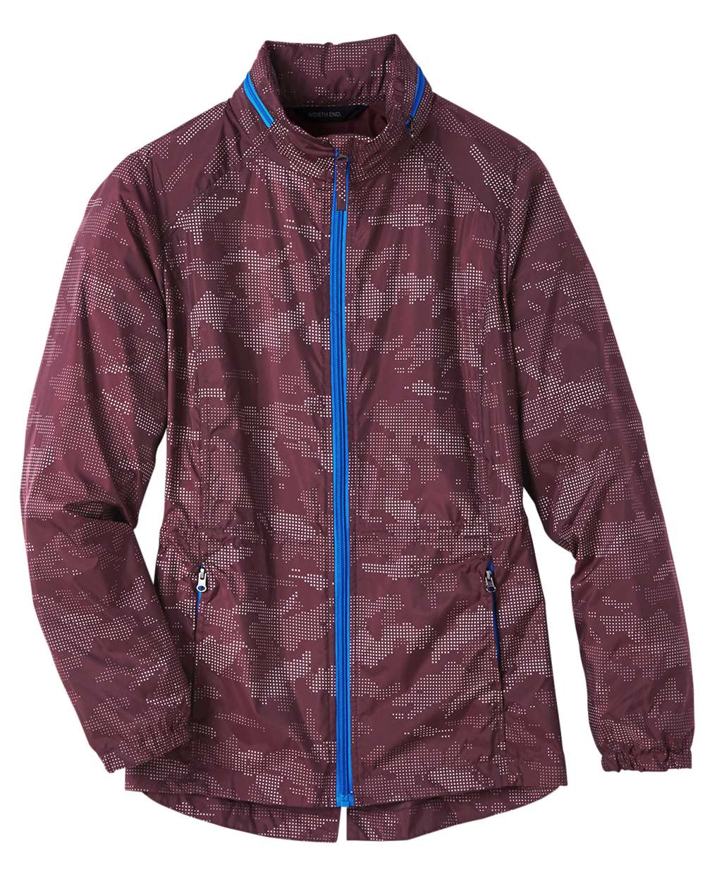 Front View of Burgundy/ Olympic Blue Women's Rotate Reflective Soft Shell Jacket - NE711W
