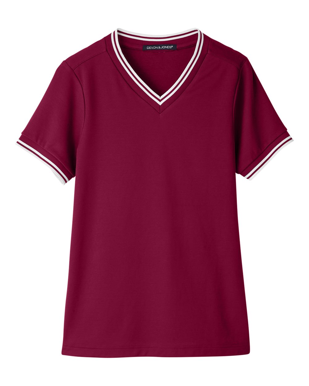 Front View of Burgundy/ White Women's CrownLux Performance® Plaited Tipped V-Neck Shirt - DG20CW