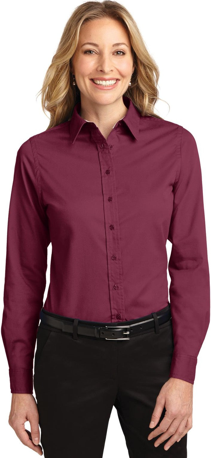 Front View of Burgundy/Lt St Port Authority Women's Long Sleeve Easy Care Shirt. L608