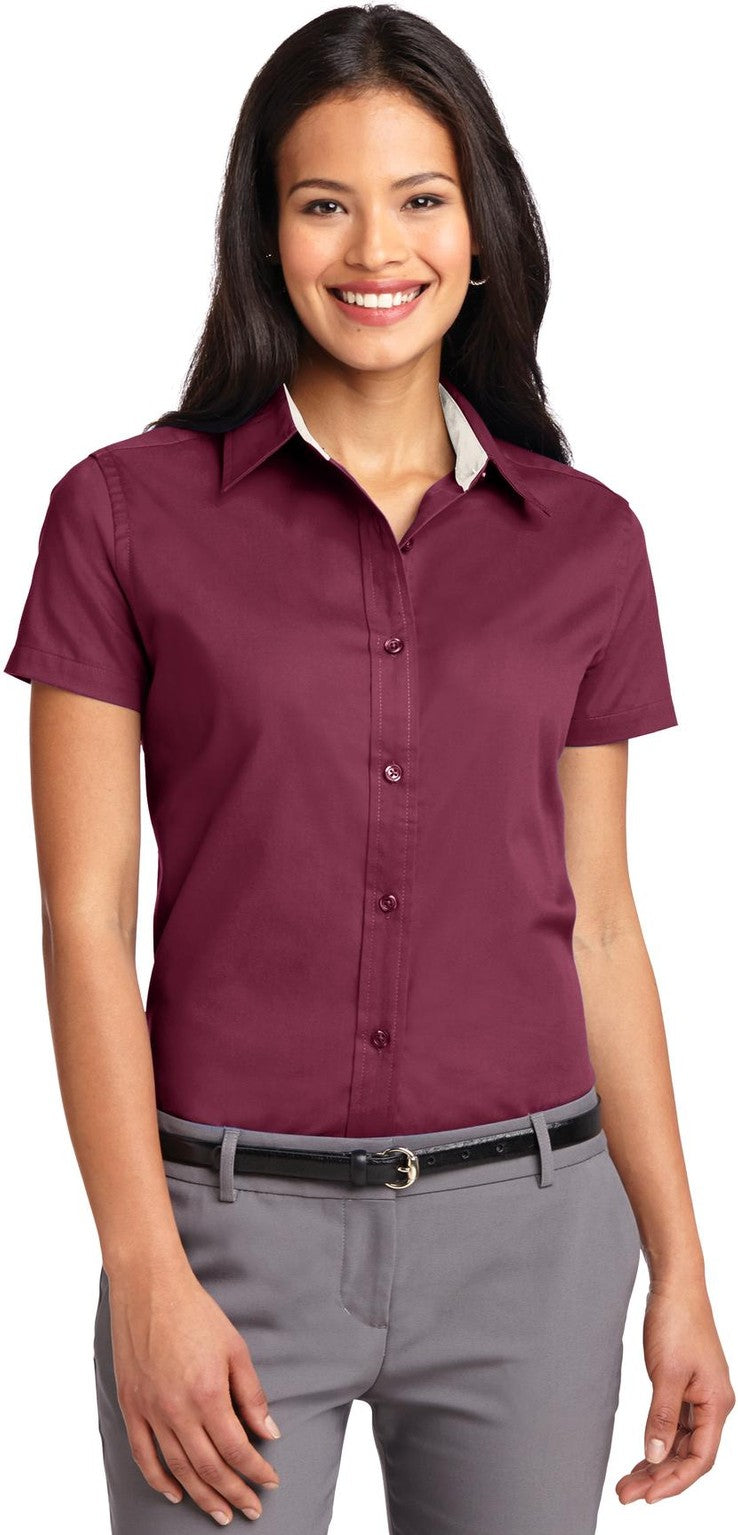 Front View of Burgundy/Lt St Port Authority Women's Short Sleeve Easy Care Shirt. L508