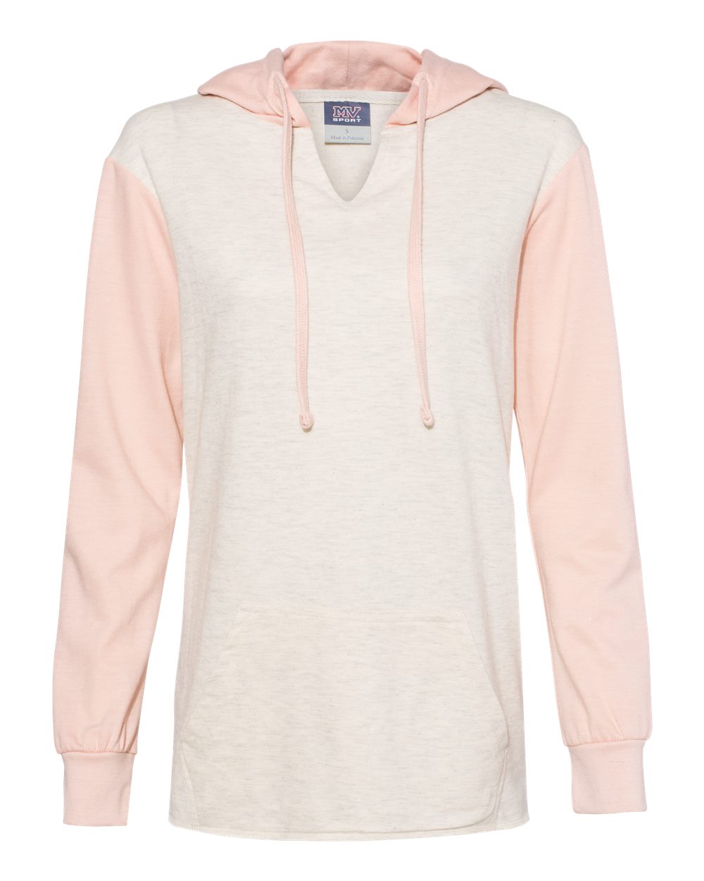 Front View of Cameo Pink/ Oatmeal Women’s French Terry Hooded Pullover with Colorblocked Sleeves - W20145