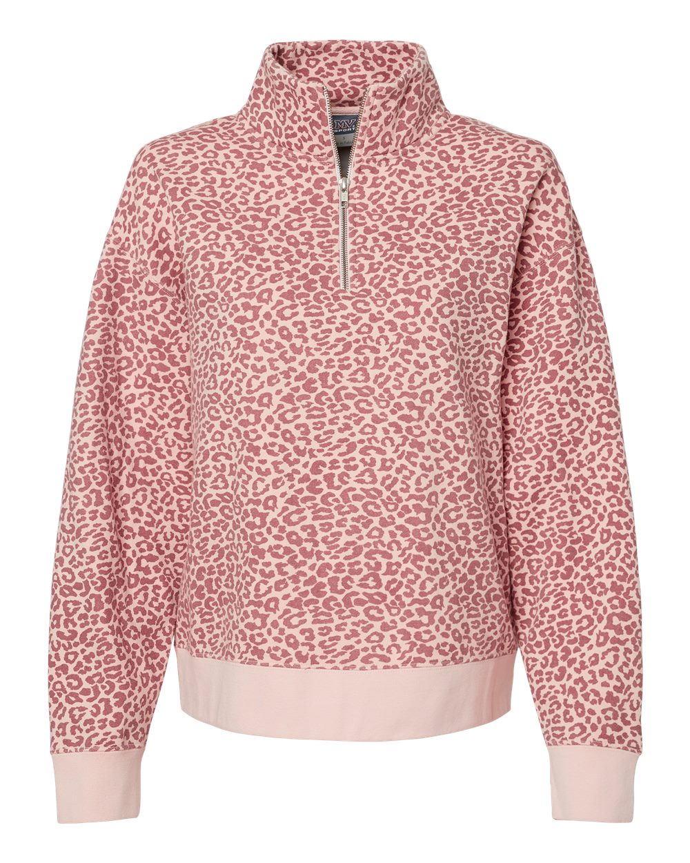 Front View of Cameo Pink/ Orchid Ice Leopard Women's Sueded Fleece Quarter-Zip Sweatshirt - W22713