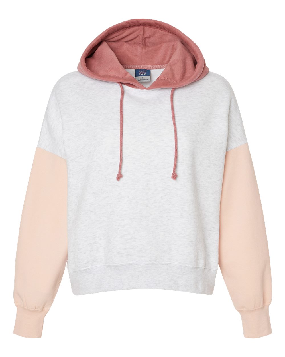 Front View of Cameo Pink Women's Sueded Fleece Colorblocked Crop Hooded Sweatshirt - W23716