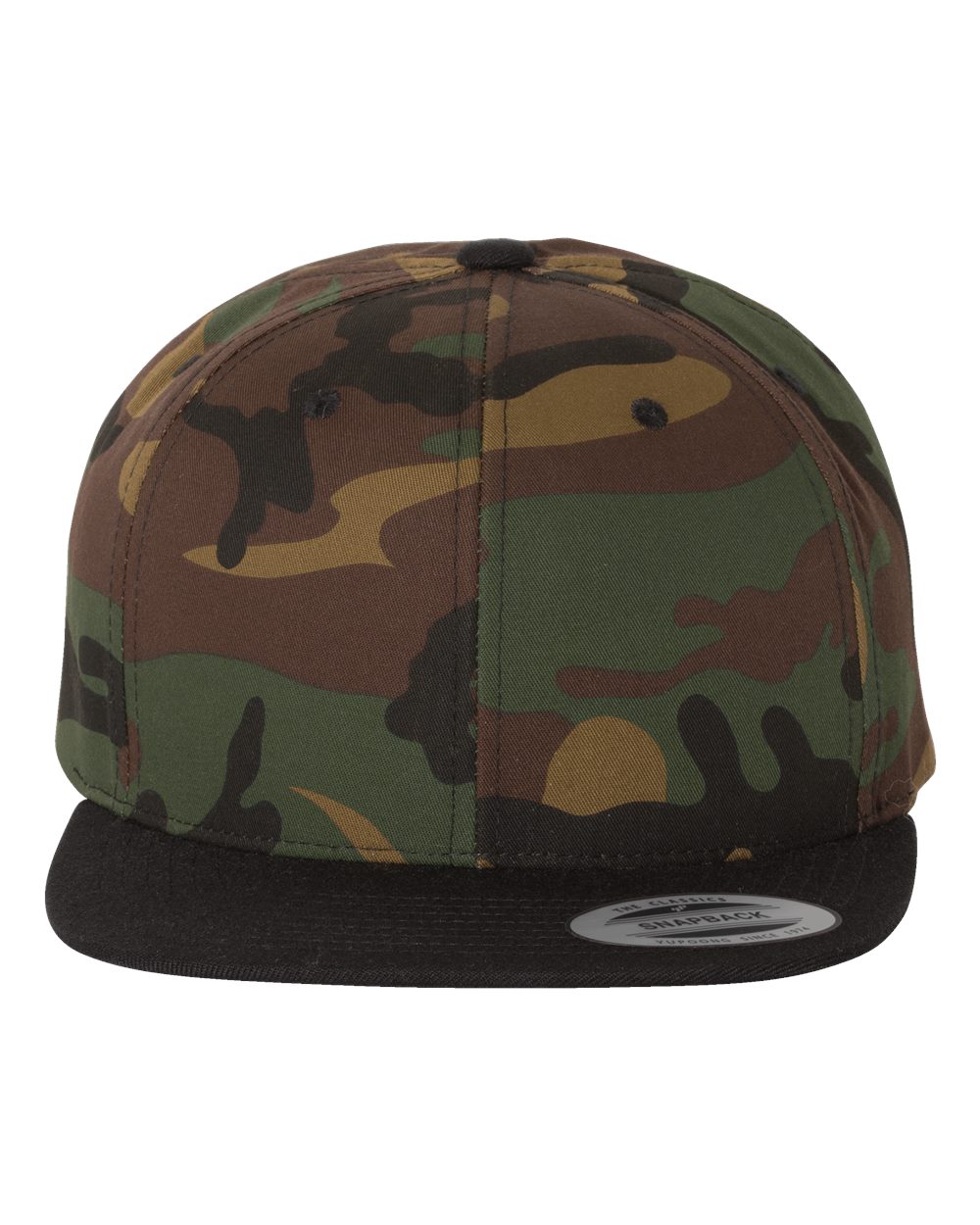Front View of Camo/ Black Premium Flat Bill Snapback Cap - 6089M