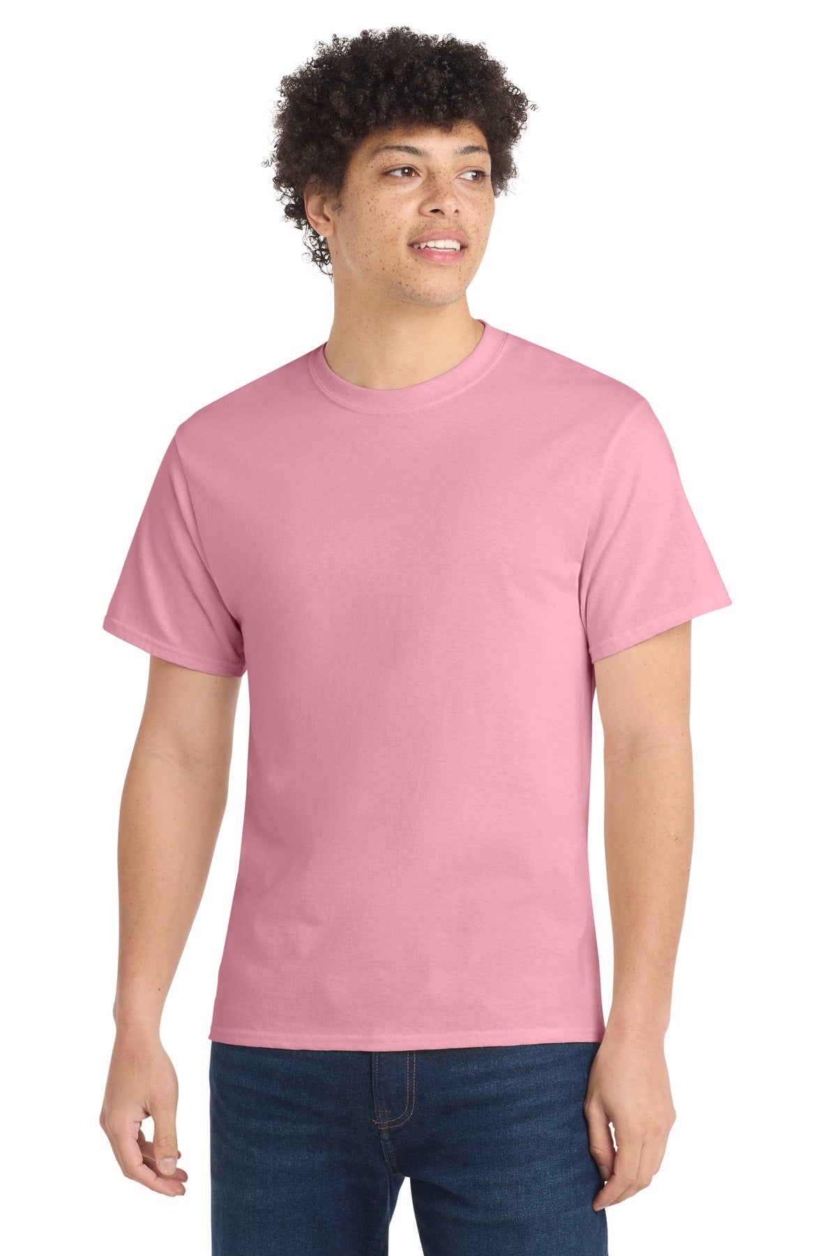 Front View of Candy Pink Port & Co Core Cotton Tee. PC54