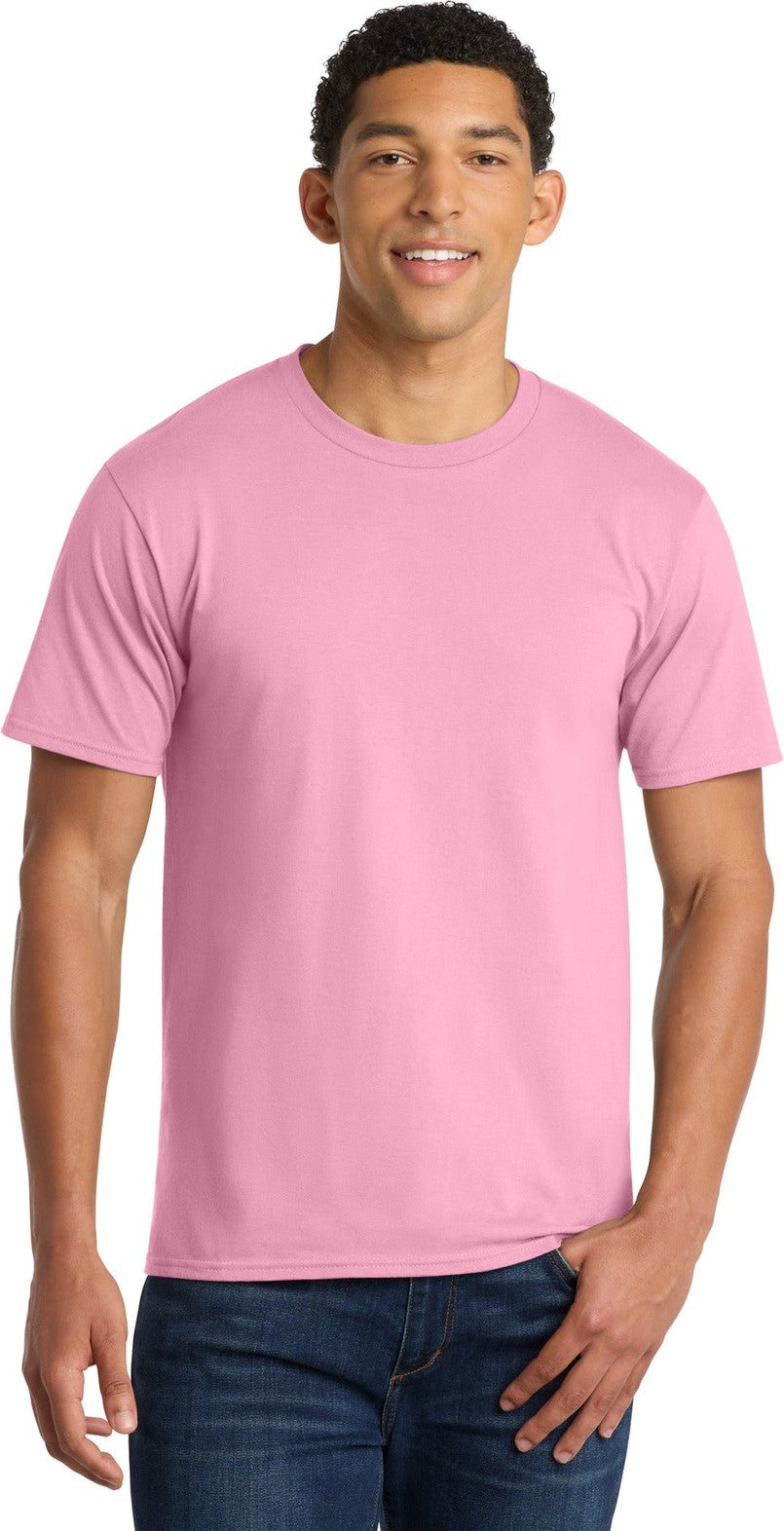 Front View of Candy Pink Port & Co Fan Favorite Tee. PC450