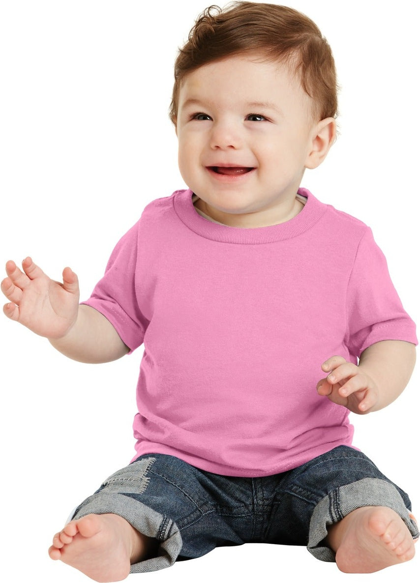 Front View of Candy Pink Port & Co Infant Core Cotton Tee. CAR54I