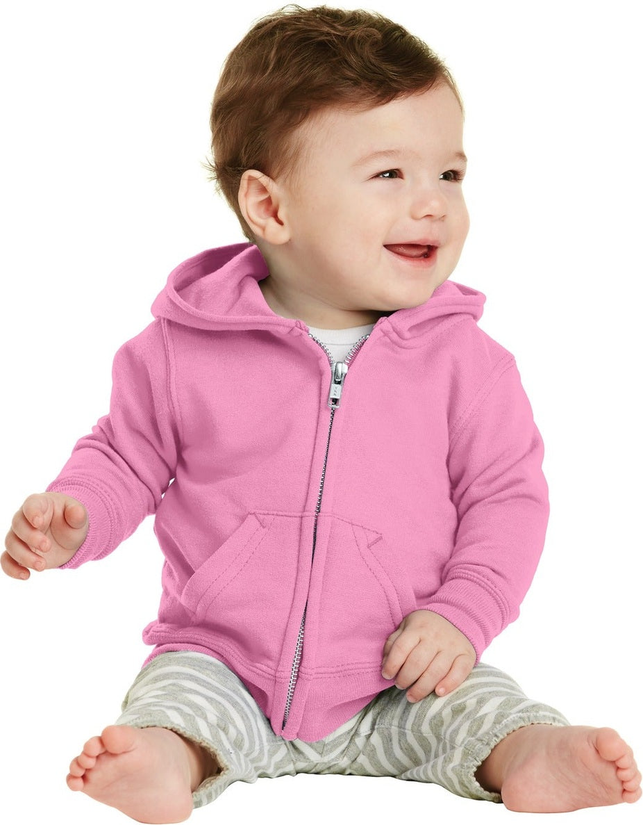 Front View of Candy Pink Port & Co Infant Core Fleece Full-Zip Hooded Sweatshirt. CAR78IZH