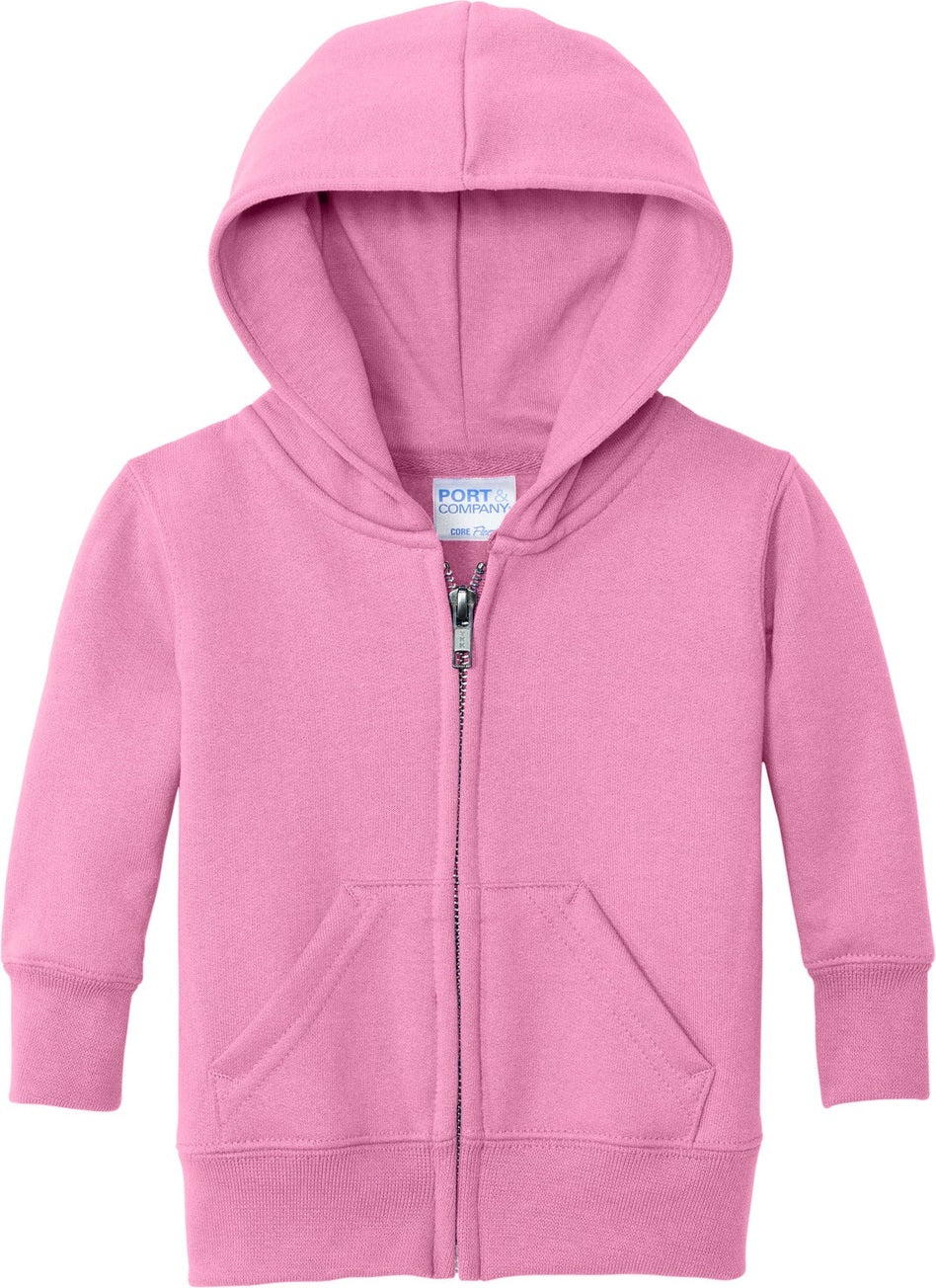 Front View of Candy Pink Port & Co Infant Core Fleece Full-Zip Hooded Sweatshirt. CAR78IZH