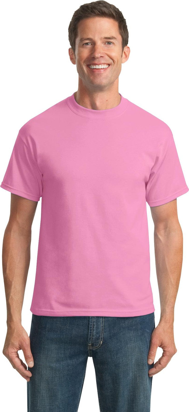 Front View of Candy Pink Port & Co Tall Core Blend Tee. PC55T