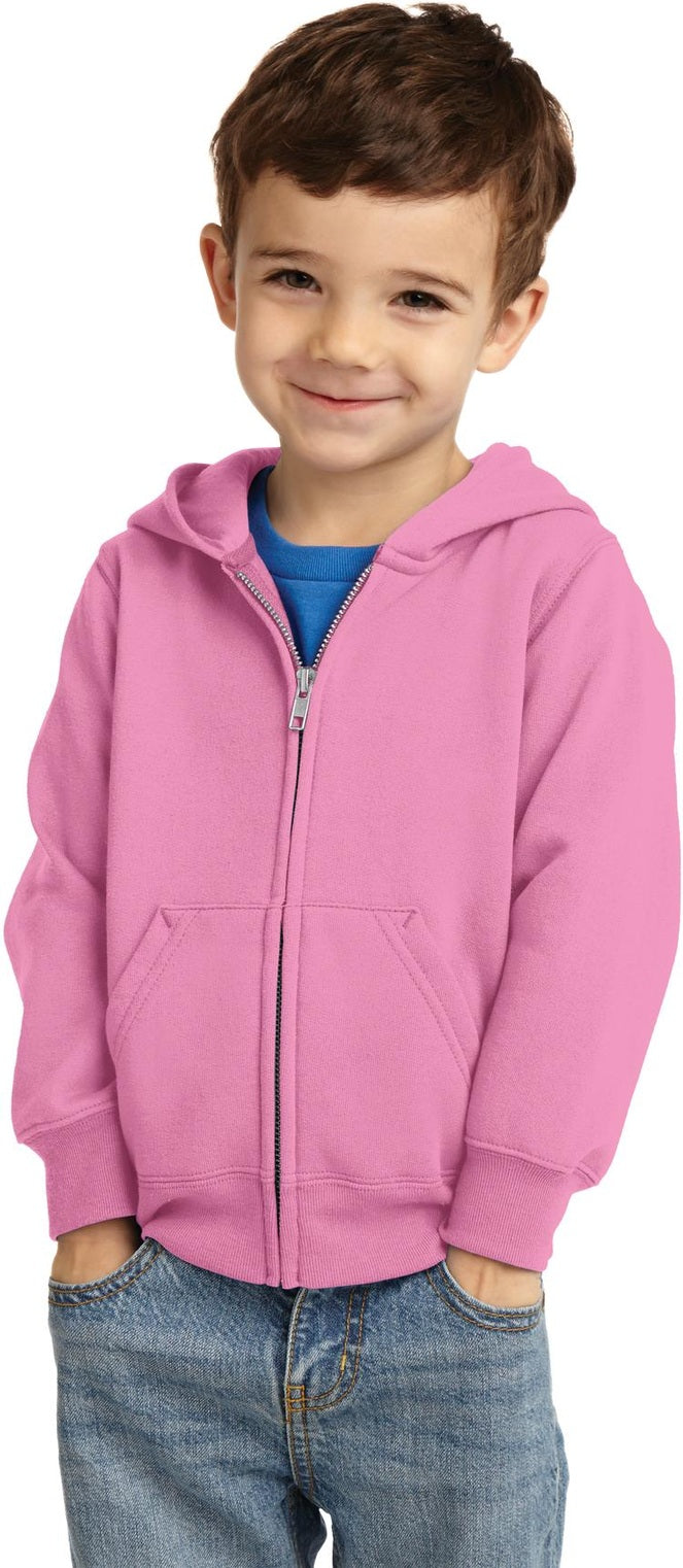 Front View of Candy Pink Port & Co Toddler Core Fleece Full-Zip Hooded Sweatshirt. CAR78TZH