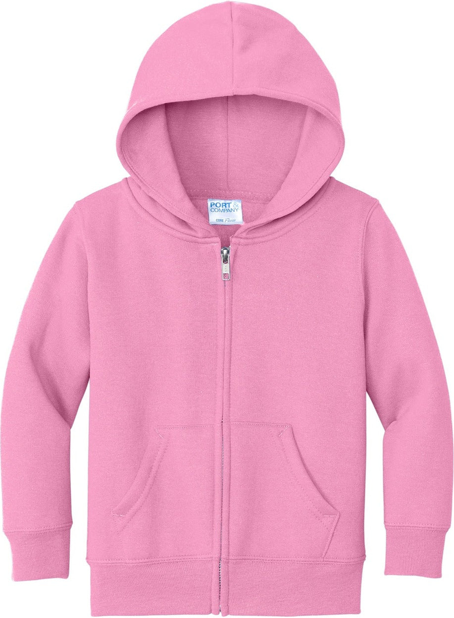 Front View of Candy Pink Port & Co Toddler Core Fleece Full-Zip Hooded Sweatshirt. CAR78TZH
