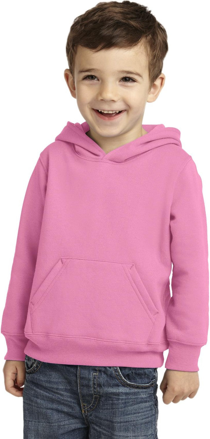 Front View of Candy Pink Port & Co Toddler Core Fleece Pullover Hooded Sweatshirt. CAR78TH
