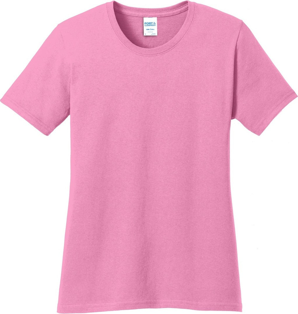 Front View of Candy Pink Port & Co Women's Core Cotton Tee. LPC54