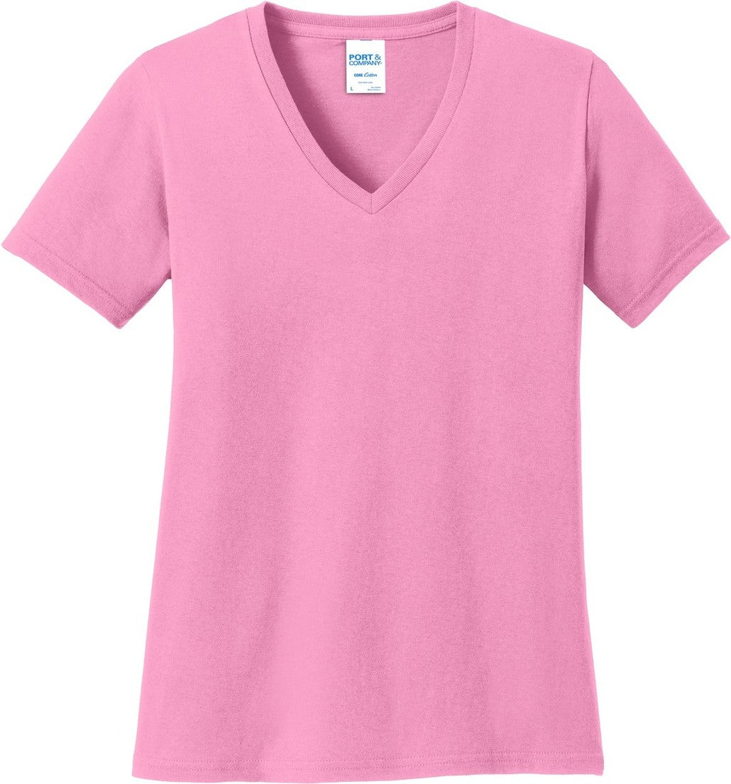 Front View of Candy Pink Port & Co Women's Core Cotton V-Neck Tee. LPC54V