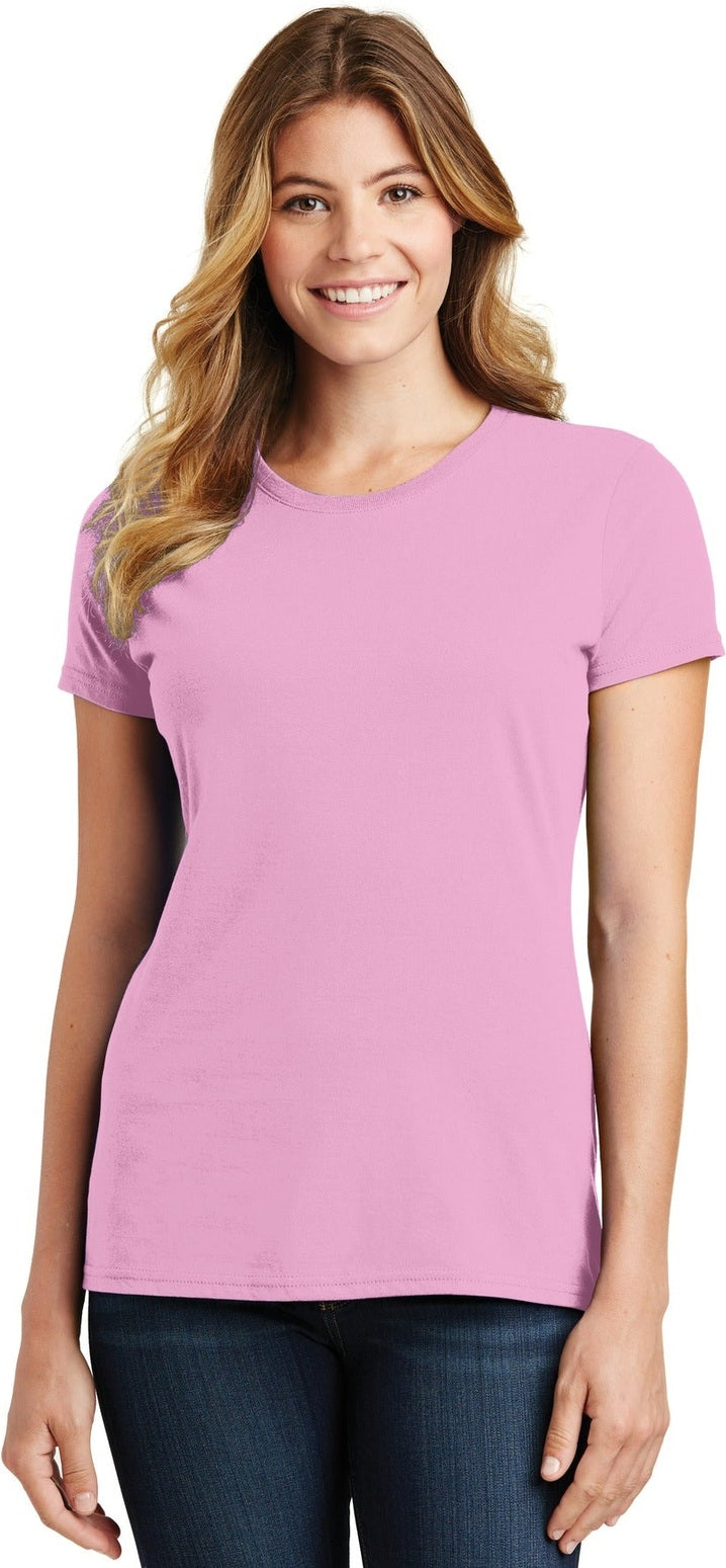 Front View of Candy Pink Port & Co Women's Fan Favorite Tee. LPC450
