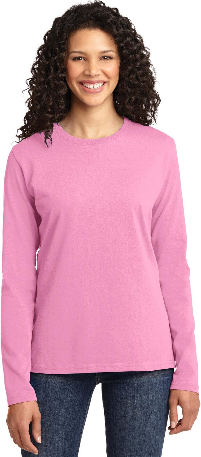 Front View of Candy Pink Port & Co Women's Long Sleeve Core Cotton Tee. LPC54LS