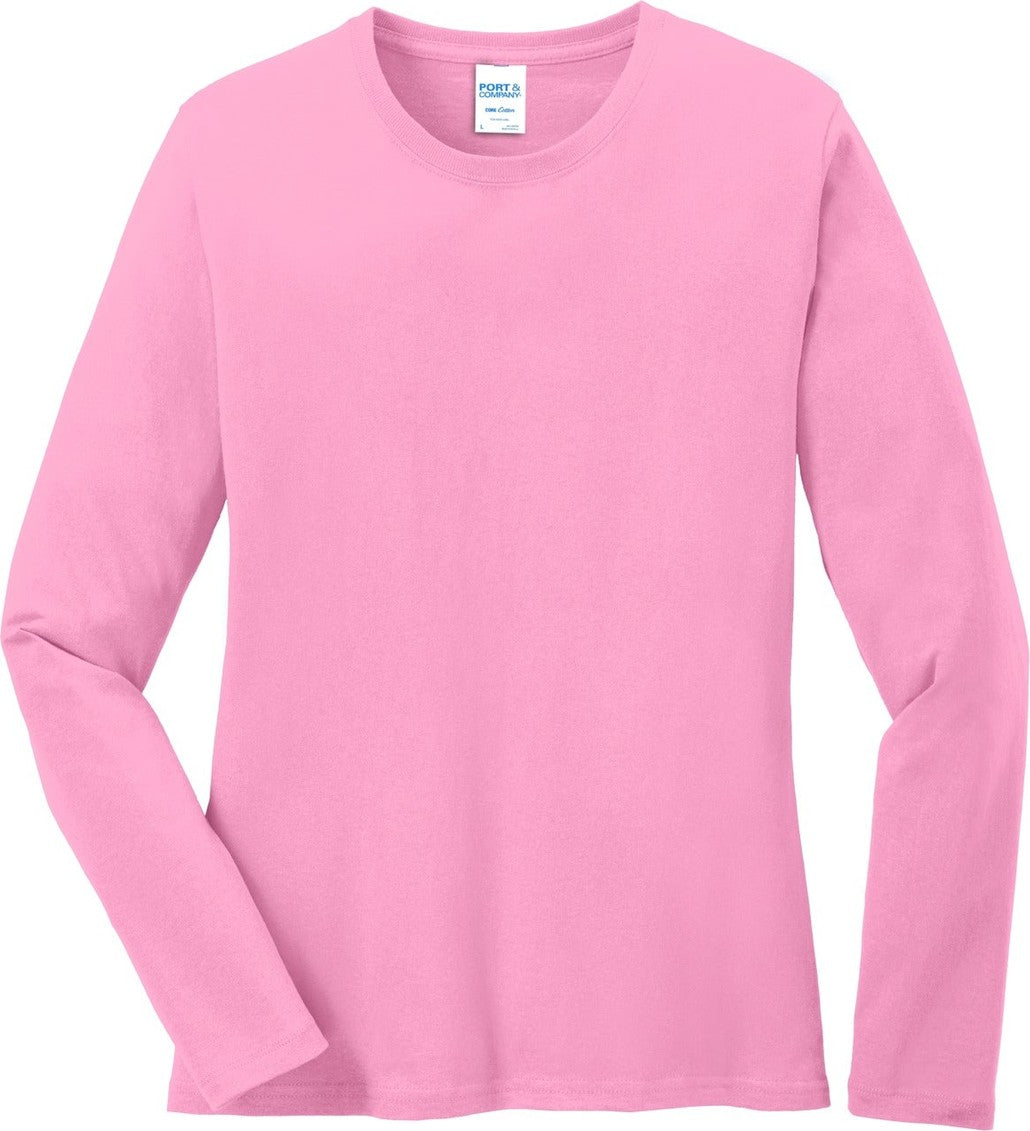 Front View of Candy Pink Port & Co Women's Long Sleeve Core Cotton Tee. LPC54LS