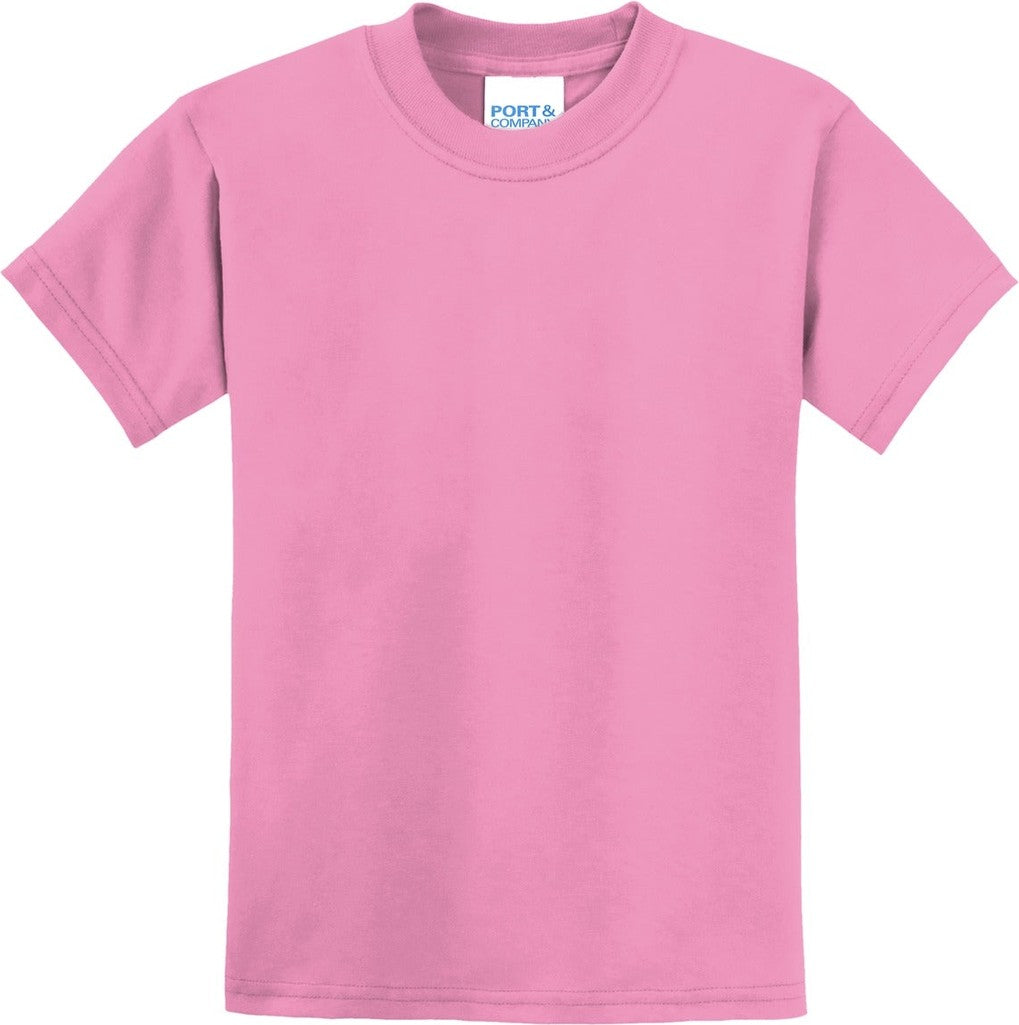 Front View of Candy Pink Port & Co Youth Core Blend Tee. PC55Y