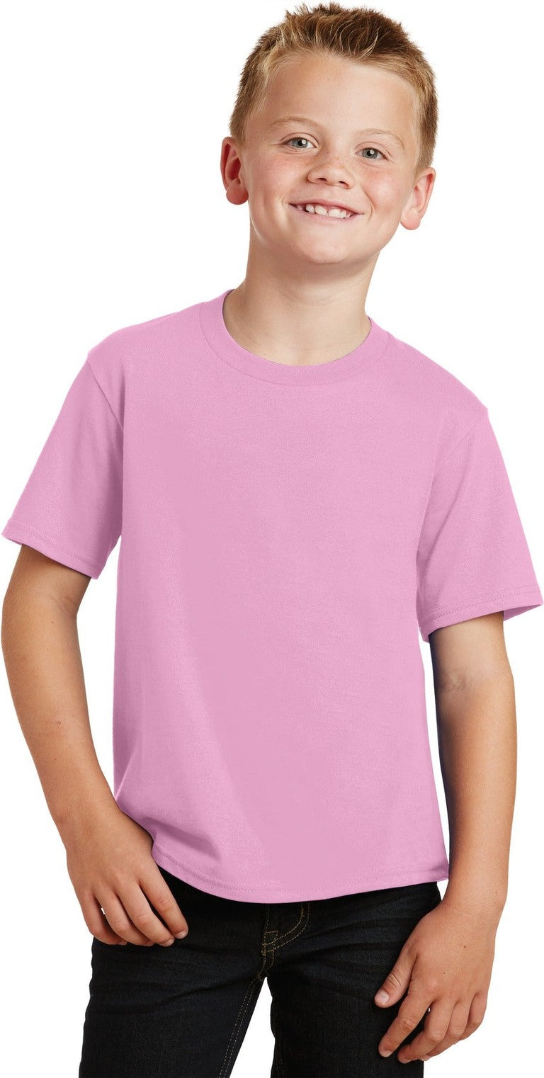 Front View of Candy Pink Port & Co Youth Fan Favorite Tee. PC450Y