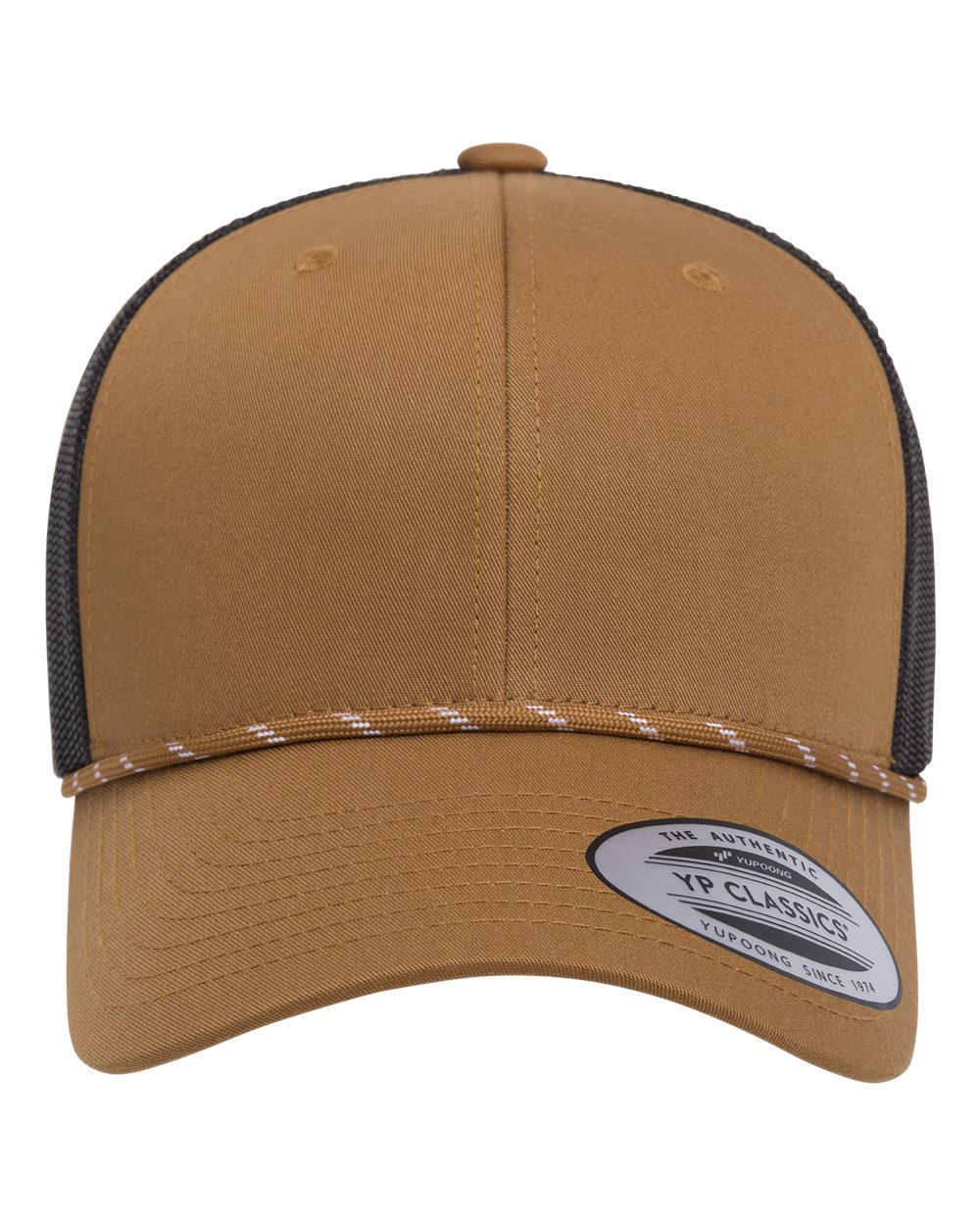 Front View of Caramel/ Black Retro Trucker Rope Cap - 6606BD