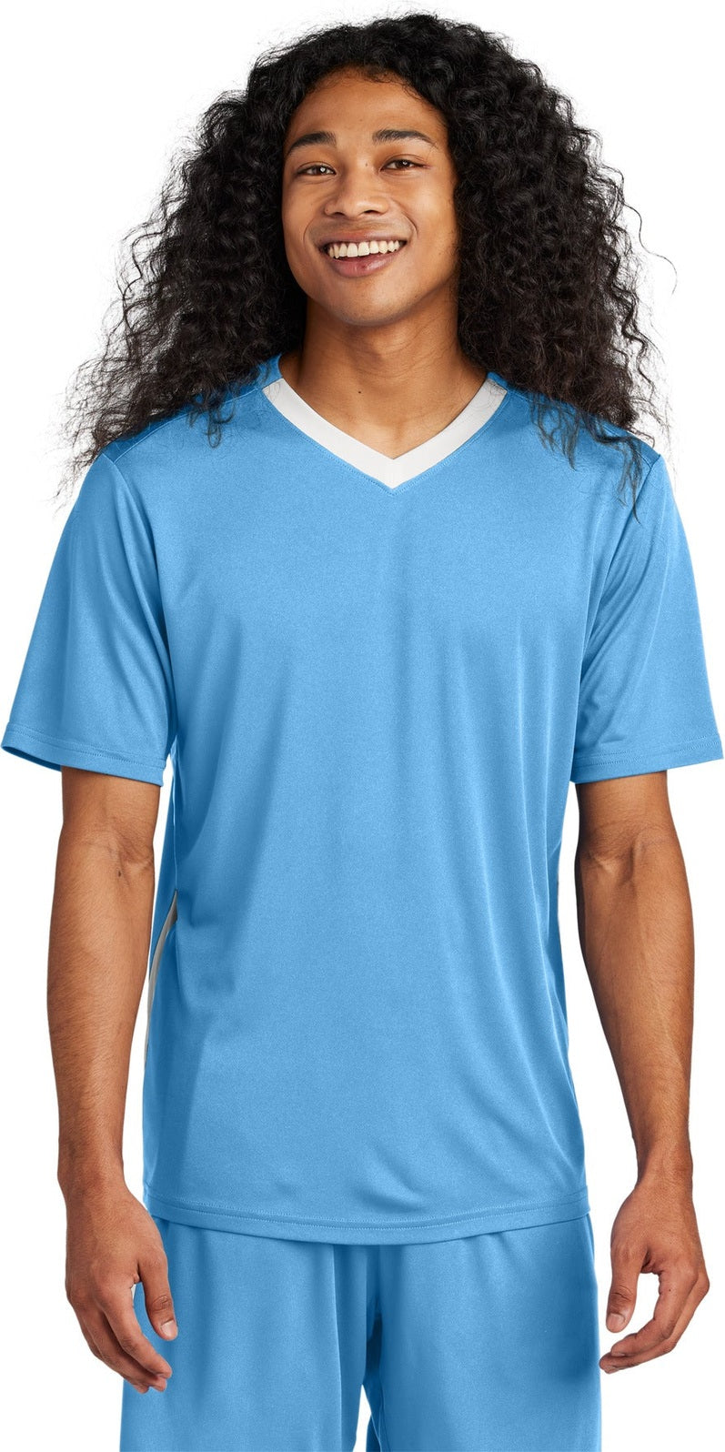 Front View of CarBl/Wht Sport-Tek Competitor United V-Neck ST101
