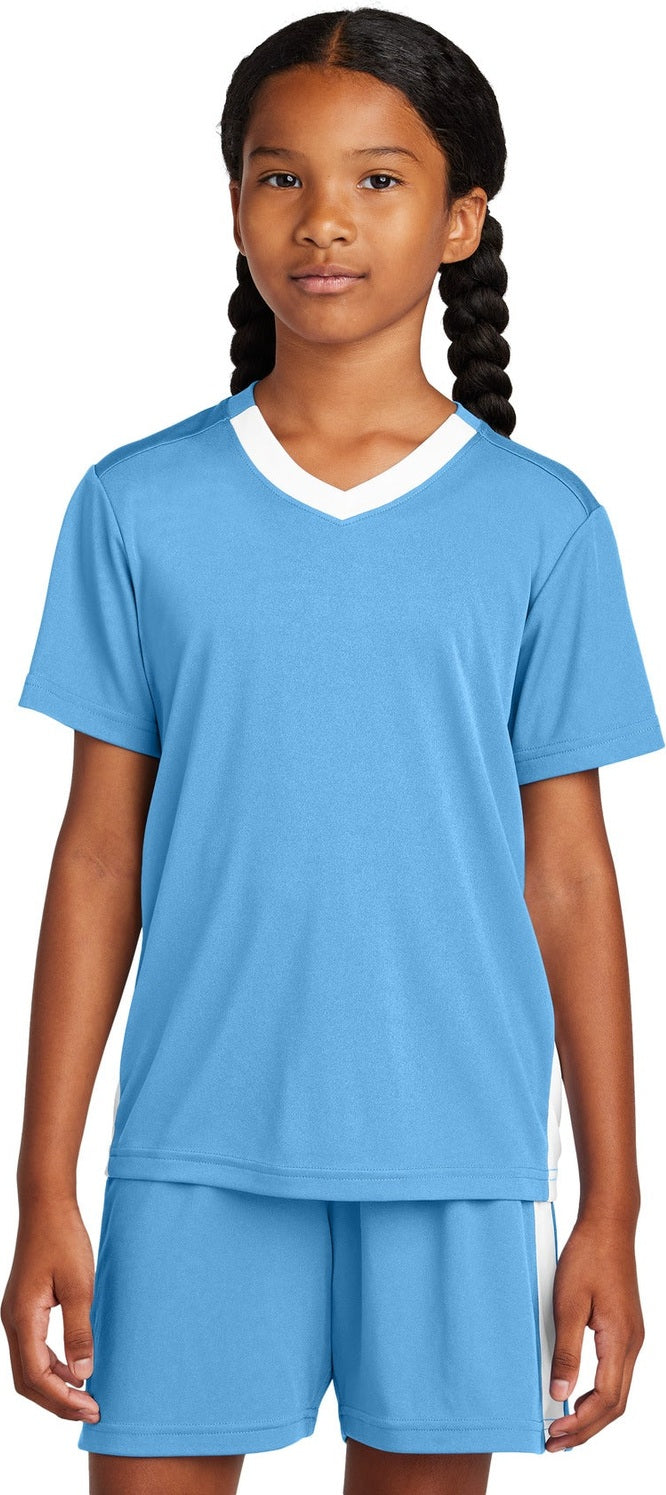 Front View of CarBl/Wht Sport-Tek Youth Competitor United V-Neck YST101