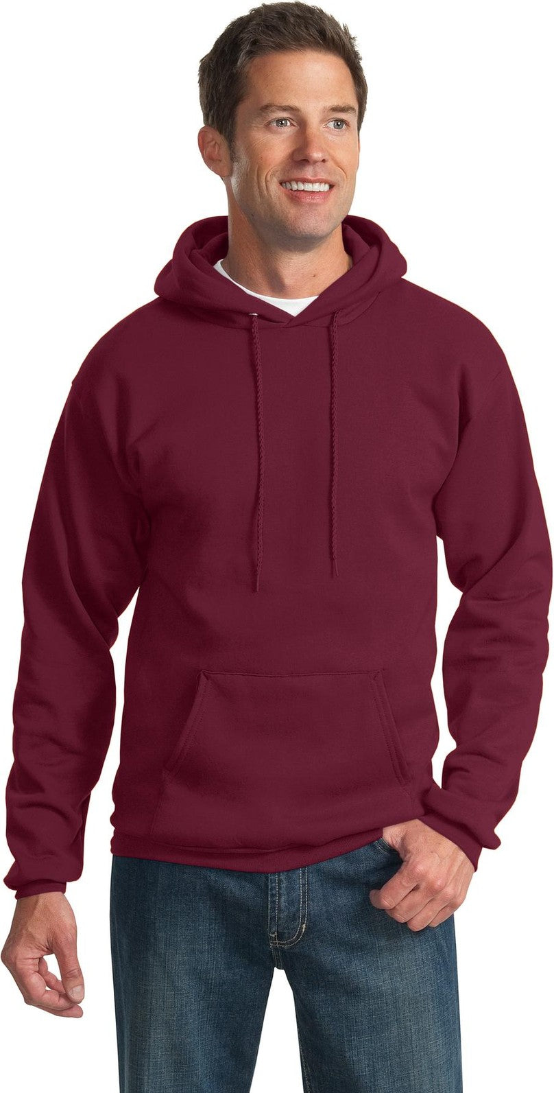 Front View of Cardinal Port & Co Essential Fleece Pullover Hooded Sweatshirt. PC90H
