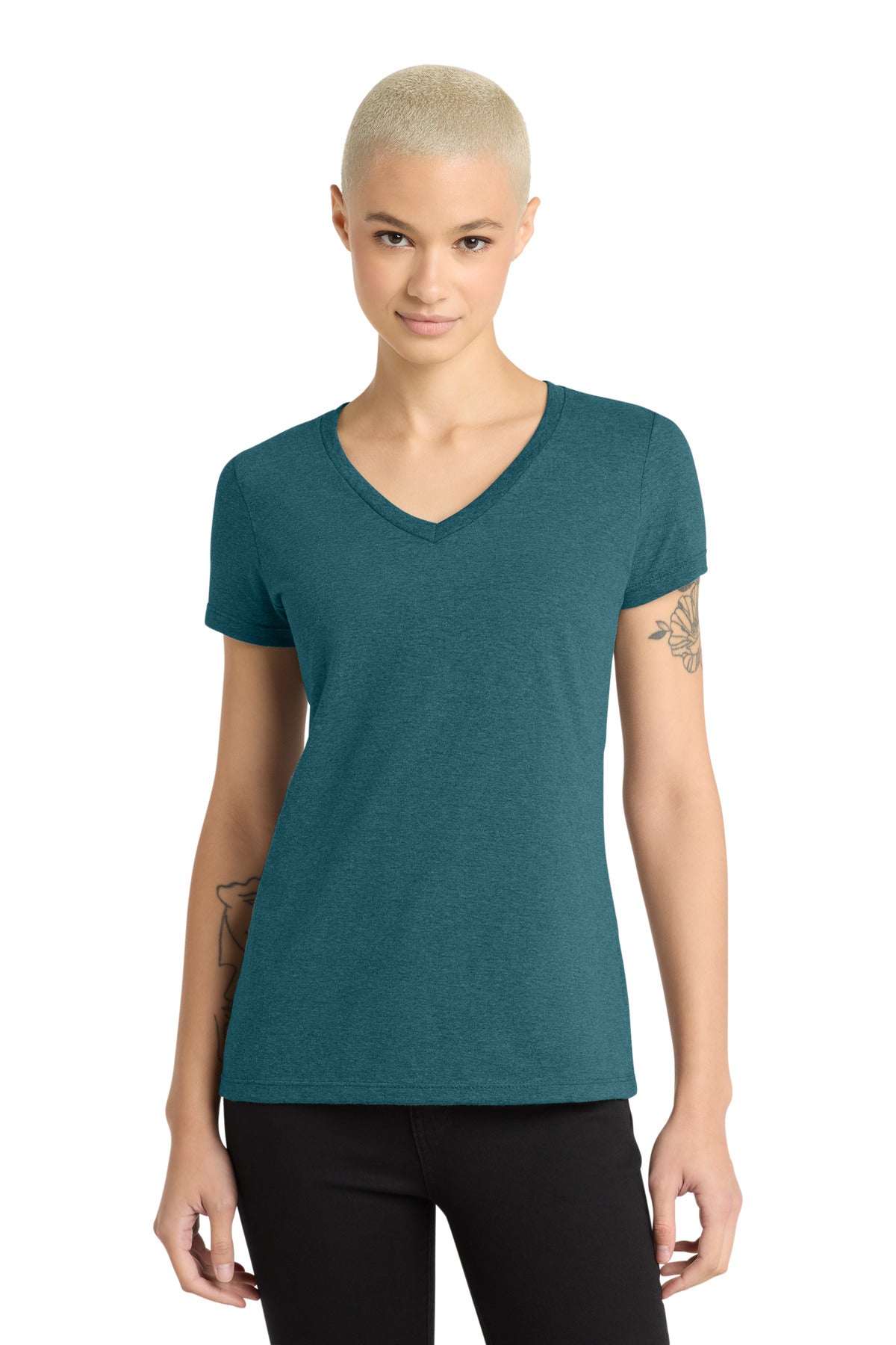 Front View of CariBluHtr District - Women's Perfect Weight V-Neck Tee. DM1170L
