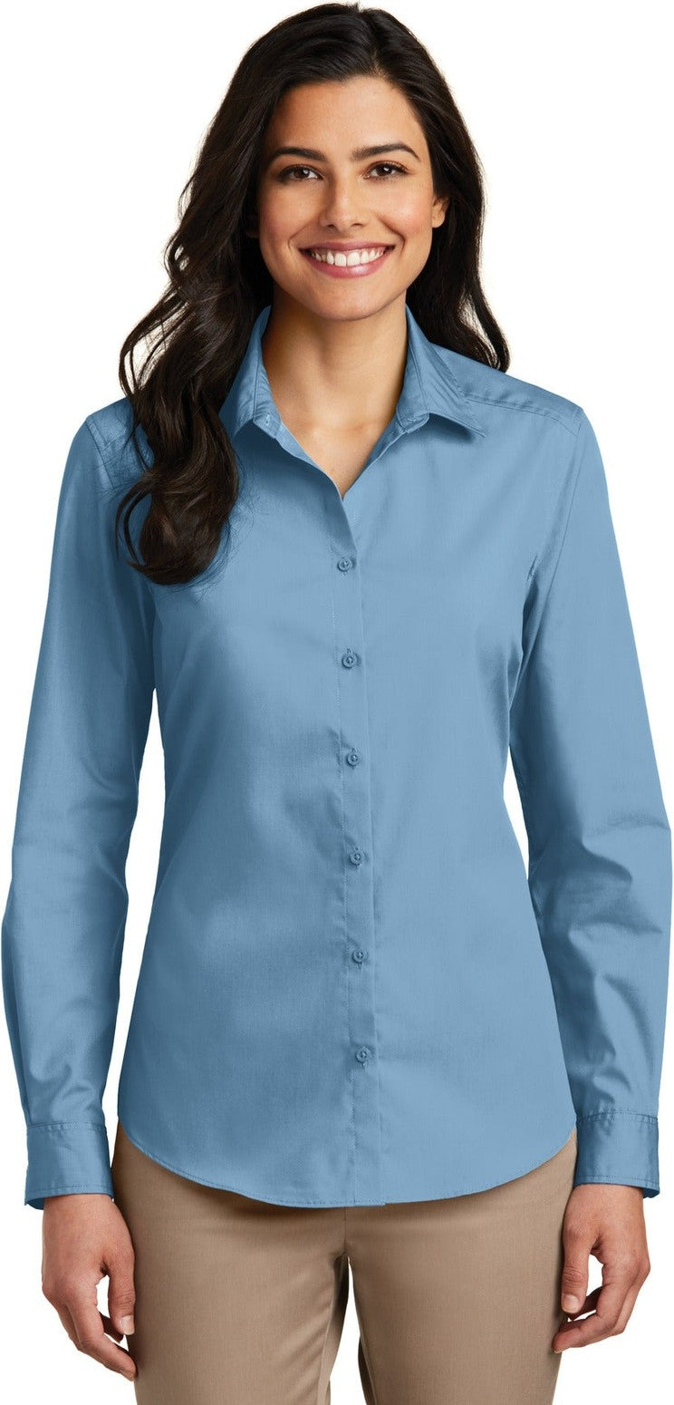 Front View of Carolina Blue Port Authority Women's Long Sleeve Carefree Poplin Shirt. LW100