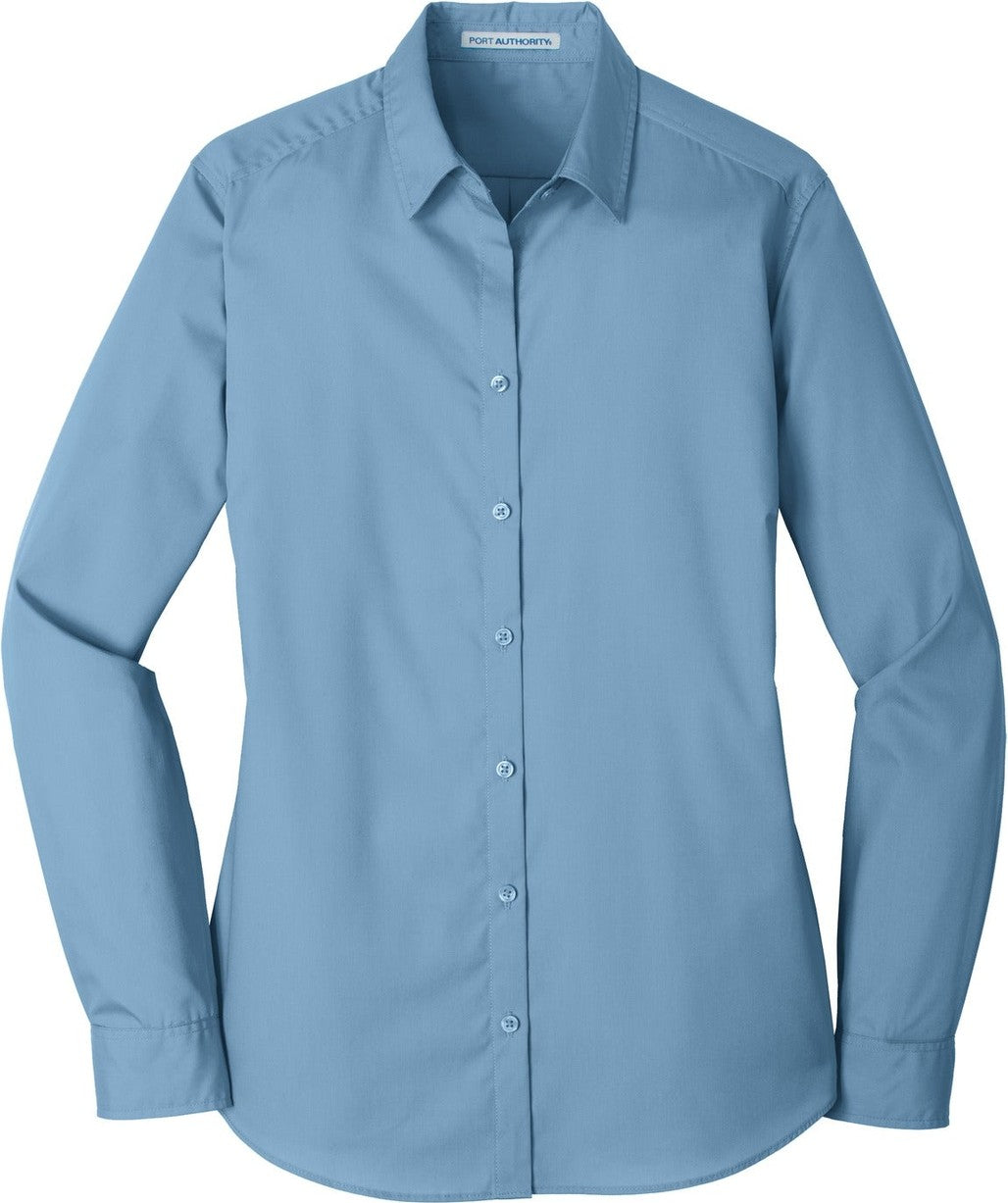 Front View of Carolina Blue Port Authority Women's Long Sleeve Carefree Poplin Shirt. LW100