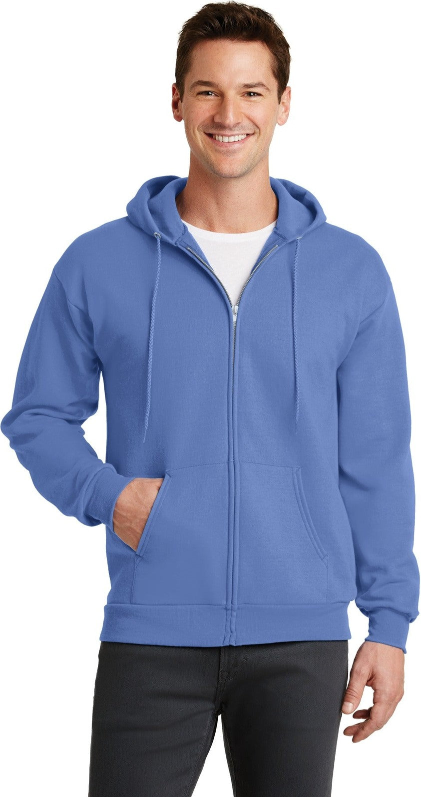 Front View of Carolina Blue Port & Co Core Fleece Full-Zip Hooded Sweatshirt. PC78ZH