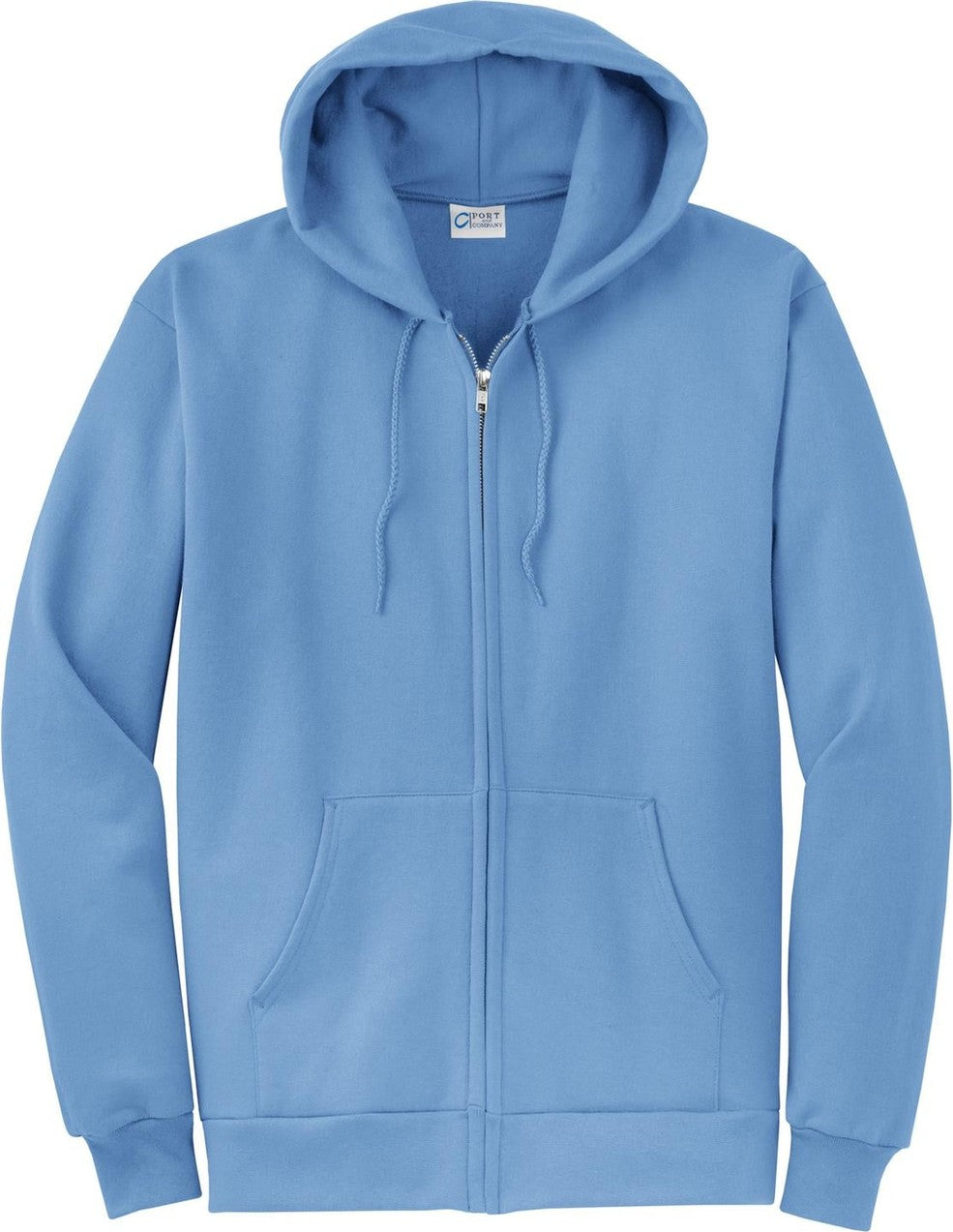 Front View of Carolina Blue Port & Co Core Fleece Full-Zip Hooded Sweatshirt. PC78ZH