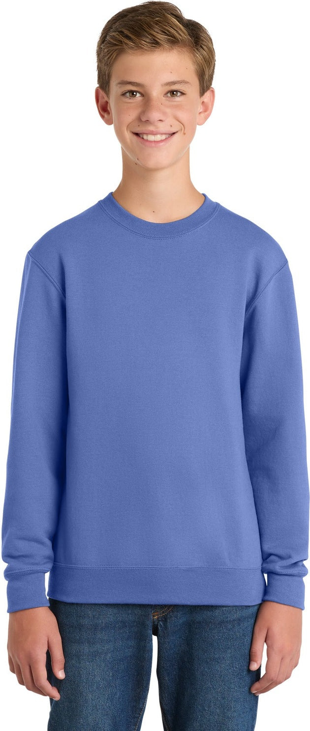 Front View of Carolina Blue Port & Co Youth Core Fleece Crewneck Sweatshirt. PC90Y