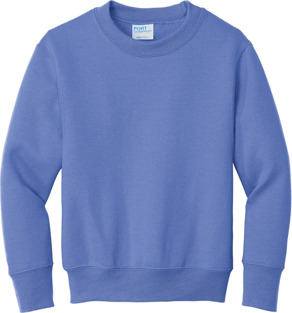 Front View of Carolina Blue Port & Co Youth Core Fleece Crewneck Sweatshirt. PC90Y
