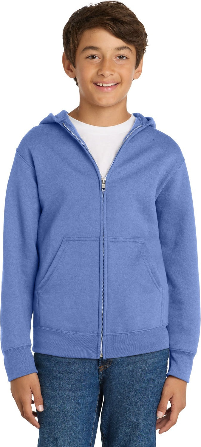 Front View of Carolina Blue Port & Co Youth Core Fleece Full-Zip Hooded Sweatshirt. PC90YZH