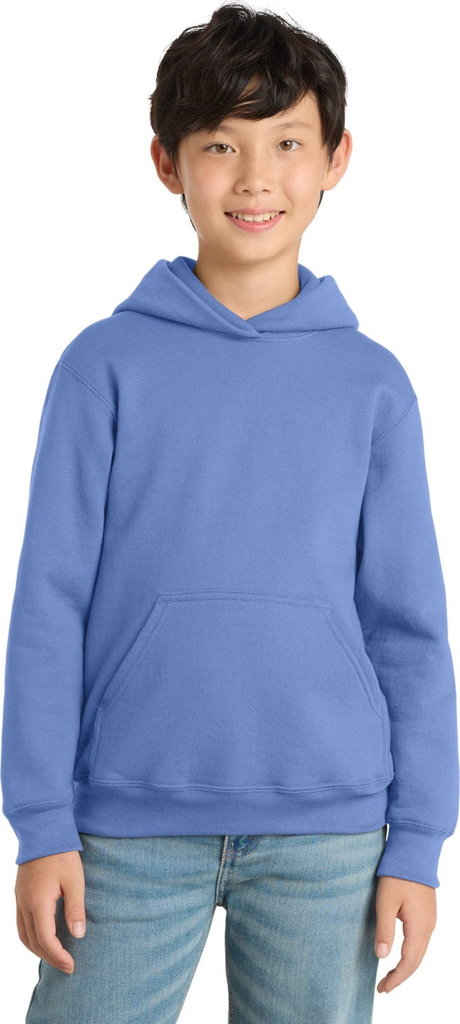 Front View of Carolina Blue Port & Co Youth Core Fleece Pullover Hooded Sweatshirt. PC90YH