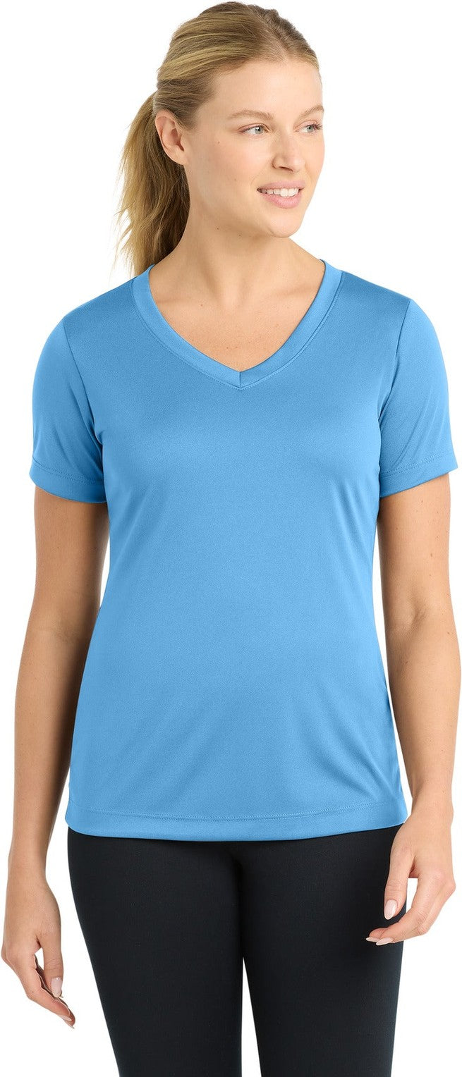 Front View of Carolina Blue Sport-Tek Women's PosiCharge Competitor V-Neck Tee. LST353